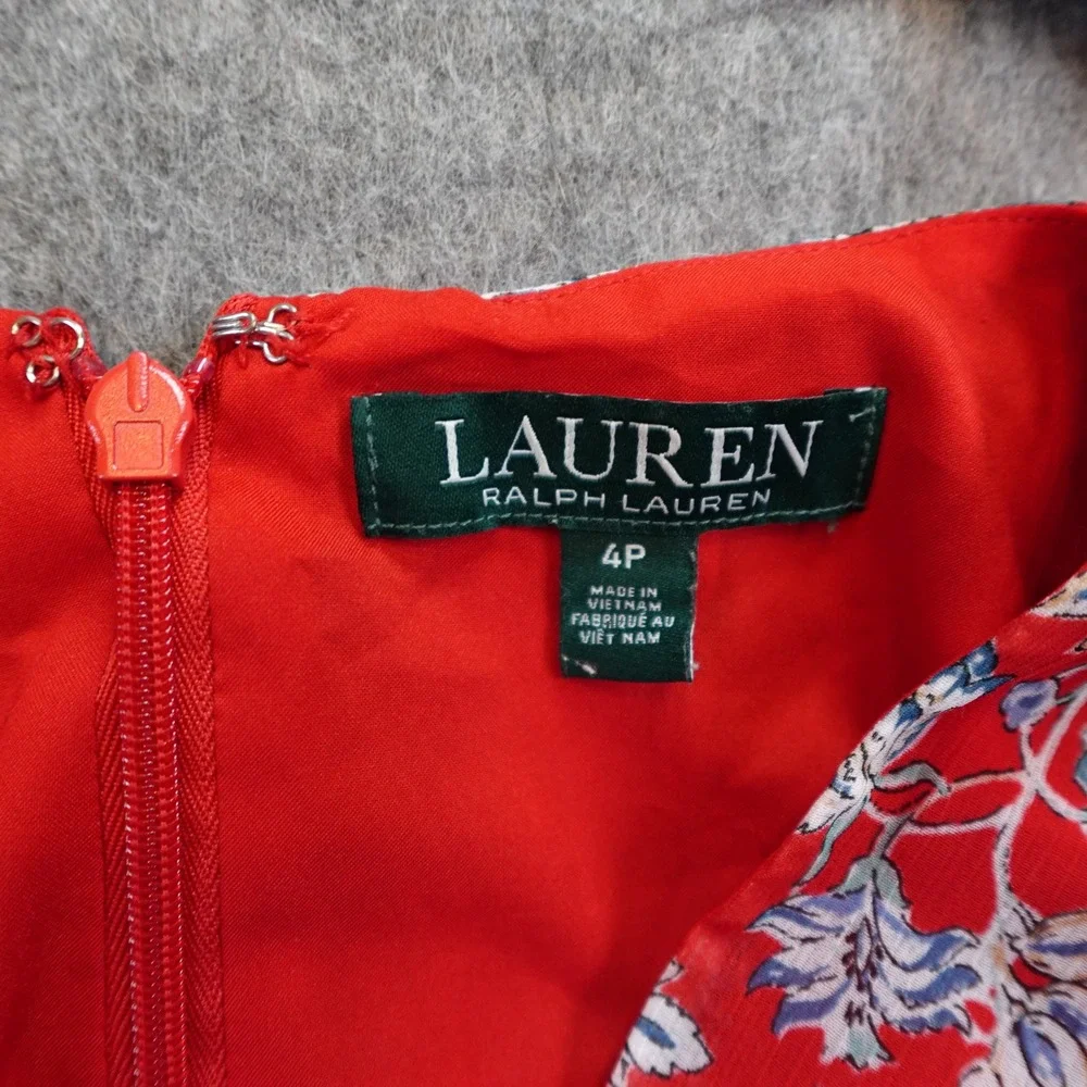 Ralph Lauren Dress Womens 4 Petite Red Floral Fit Flare Midi Georgette Puff Slv - Picture 3 of 11